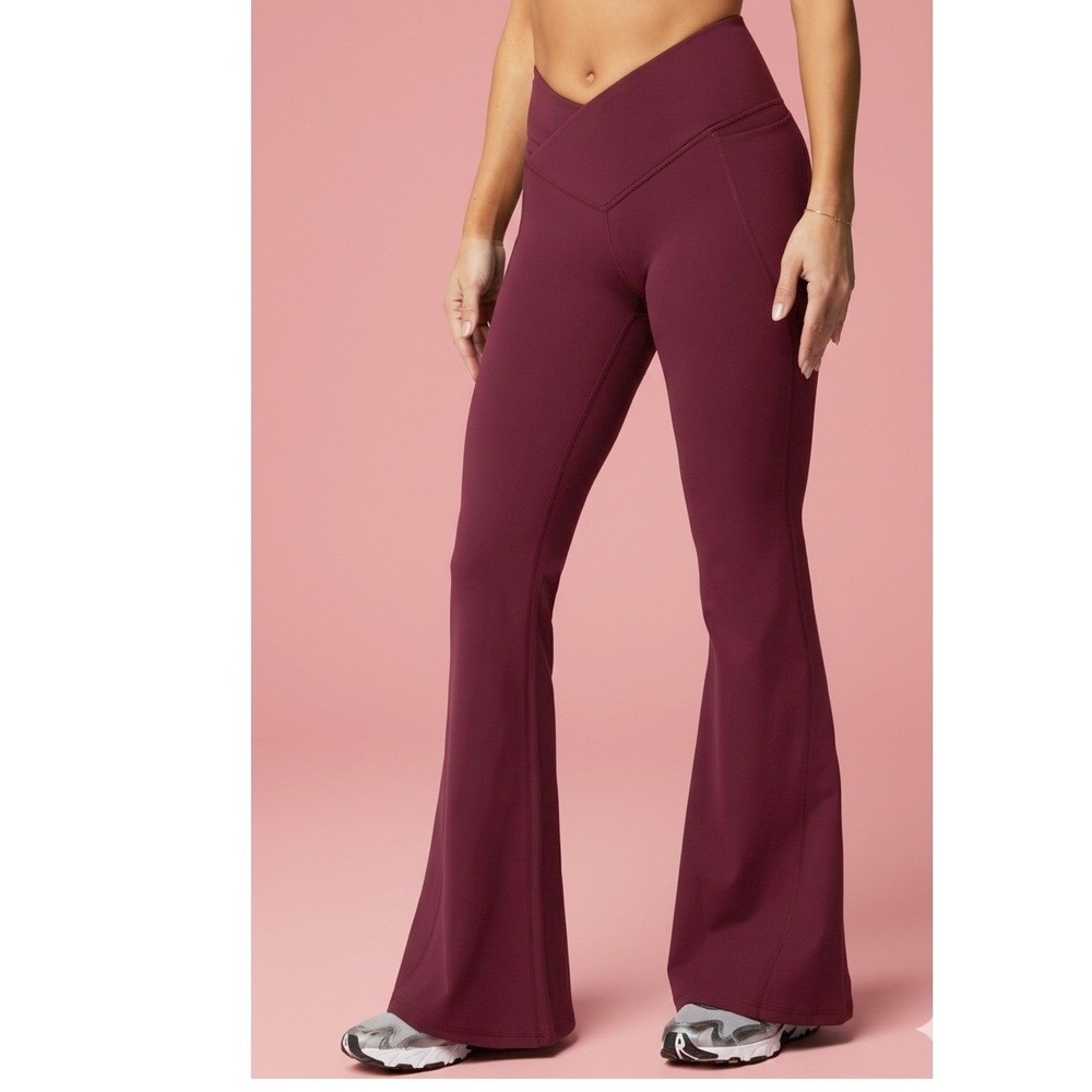 Fabletics Oasis PureLuxe Crossover Flare Leggings Small Women Burgundy High Rise